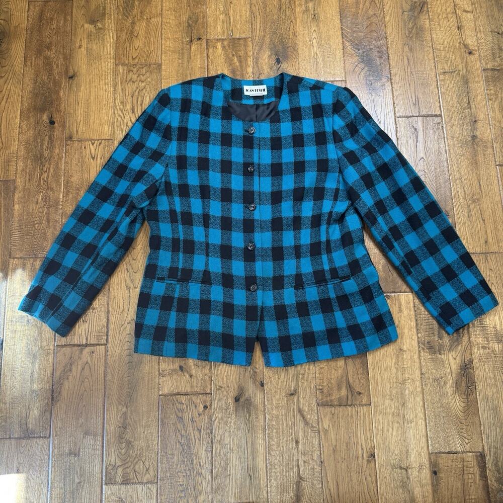 VTG Joan Leslie 2 pc Blazer & Sweater Set Teal Black Plaid Jacket Plus Size 18